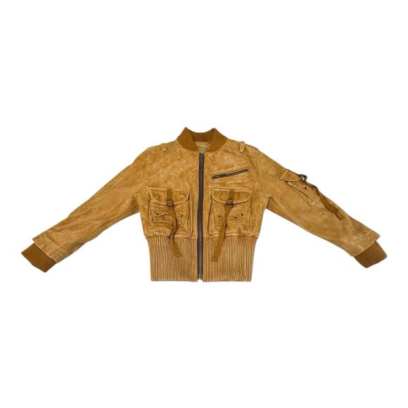 Vintage DA-NANG S Brown Distressed Leather Ribbed Knit Waistband Bomber Jacket - Picture 1 of 16